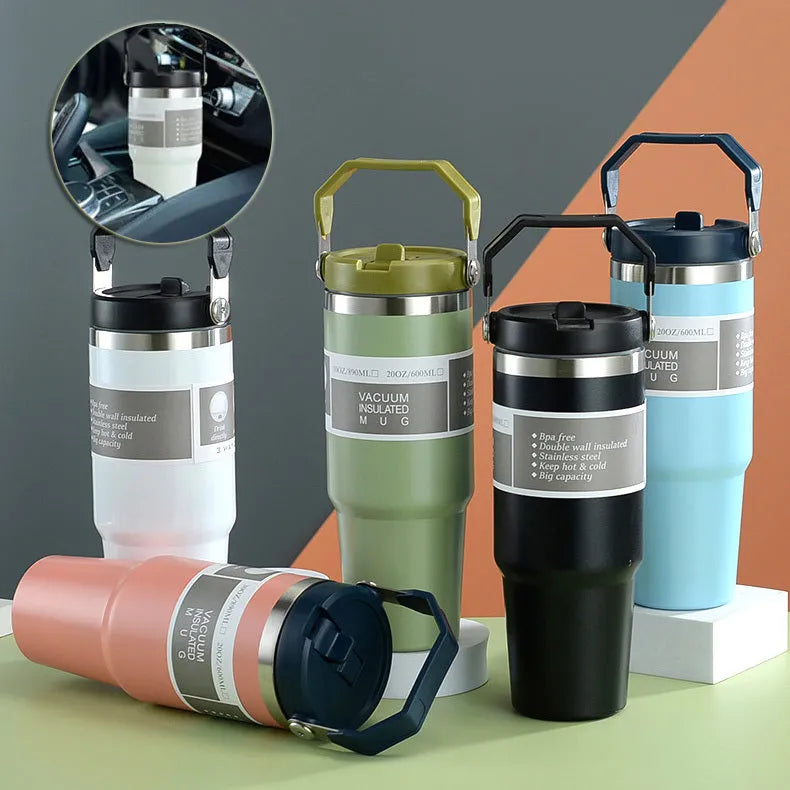30oz stainless steel travel tumbler with handle and cover in dark pink colour