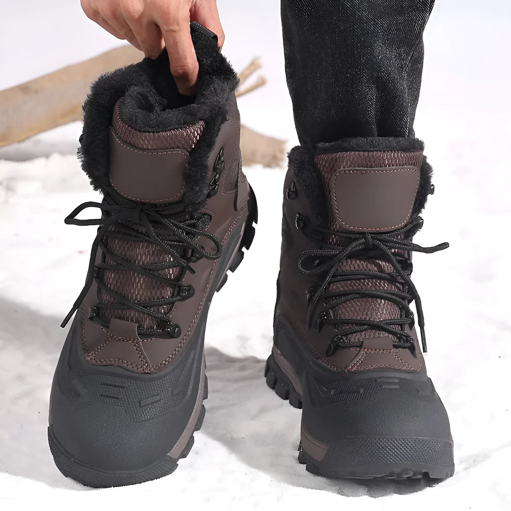 Men's black high-top fleece-lined winter boots with flat heel and lace-up front