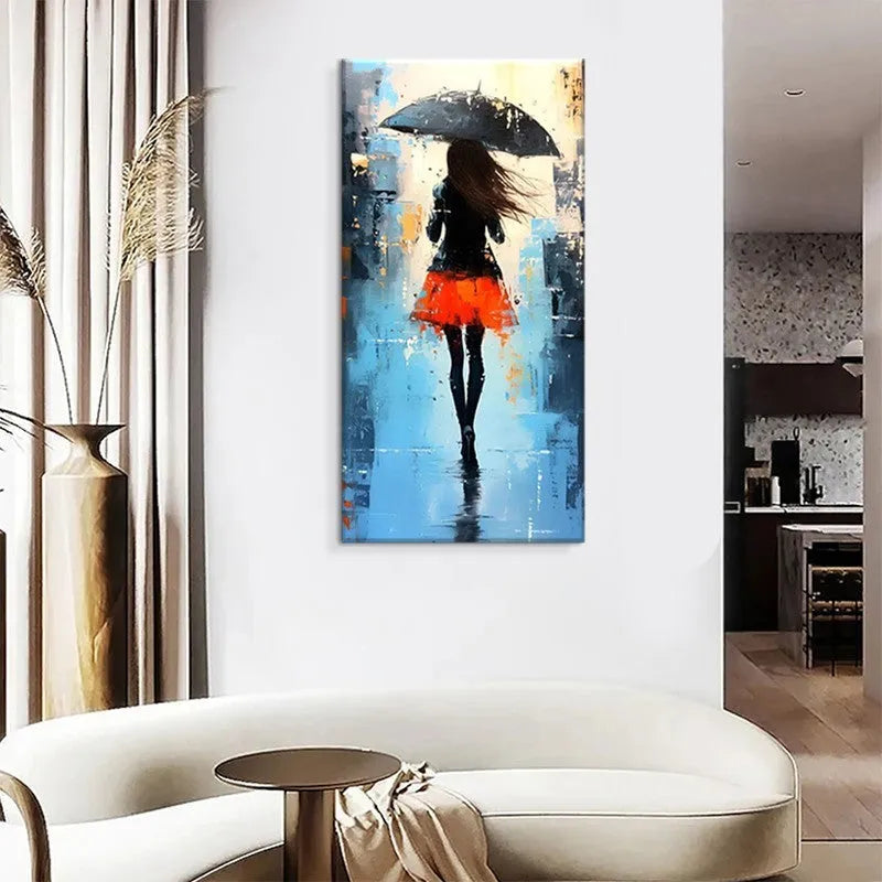 Hand painted modern abstract oil painting of people walking in the rain on canvas, vertical orientation, no frame, for living room decoration.