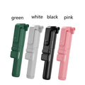 Aluminium alloy Bluetooth selfie stick with integrated tripod legs and 360-degree rotating phone holder in black.