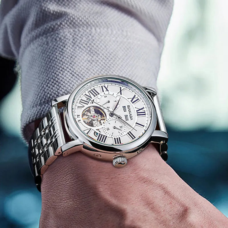 Men's automatic waterproof business watch with a steel strap in black or white colour.