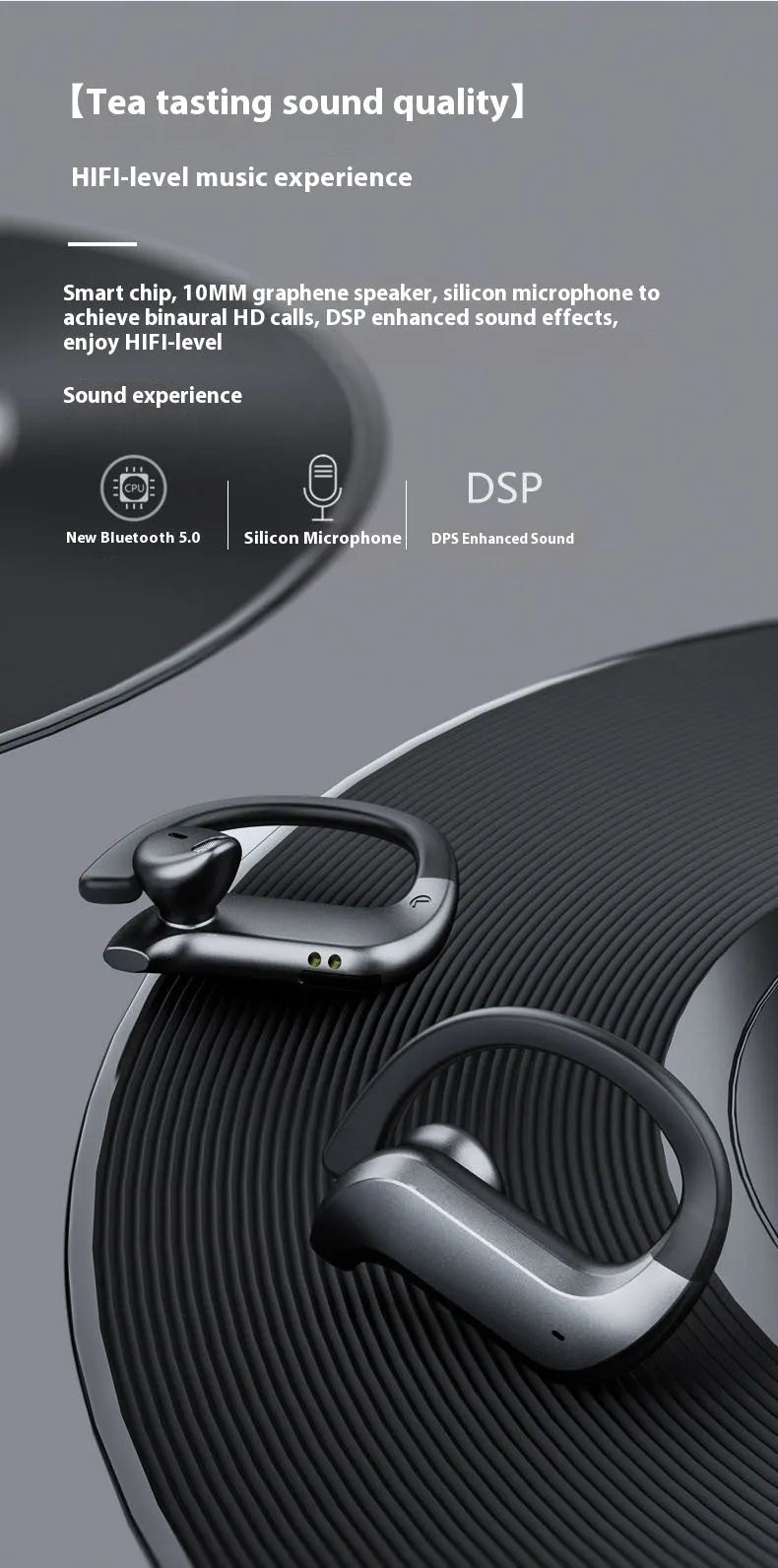 Black plastic wireless TWS sports Bluetooth headset with digital display screen, ear-mounted design