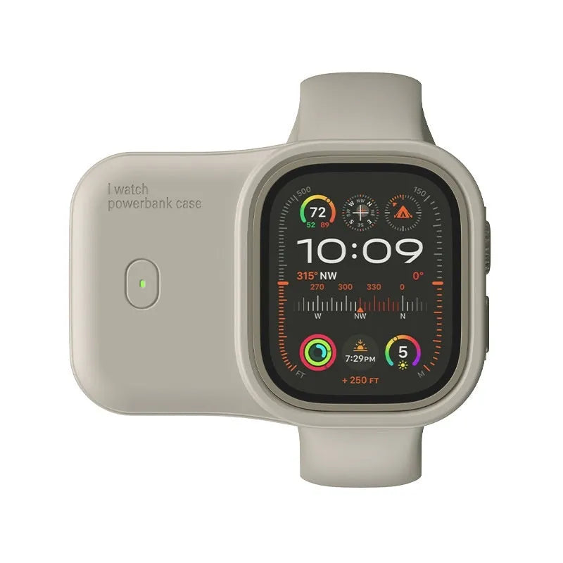 Apple Watch portable charging case with silicone cover, shown in Brown, Midnight Blue, and Starlight colours.