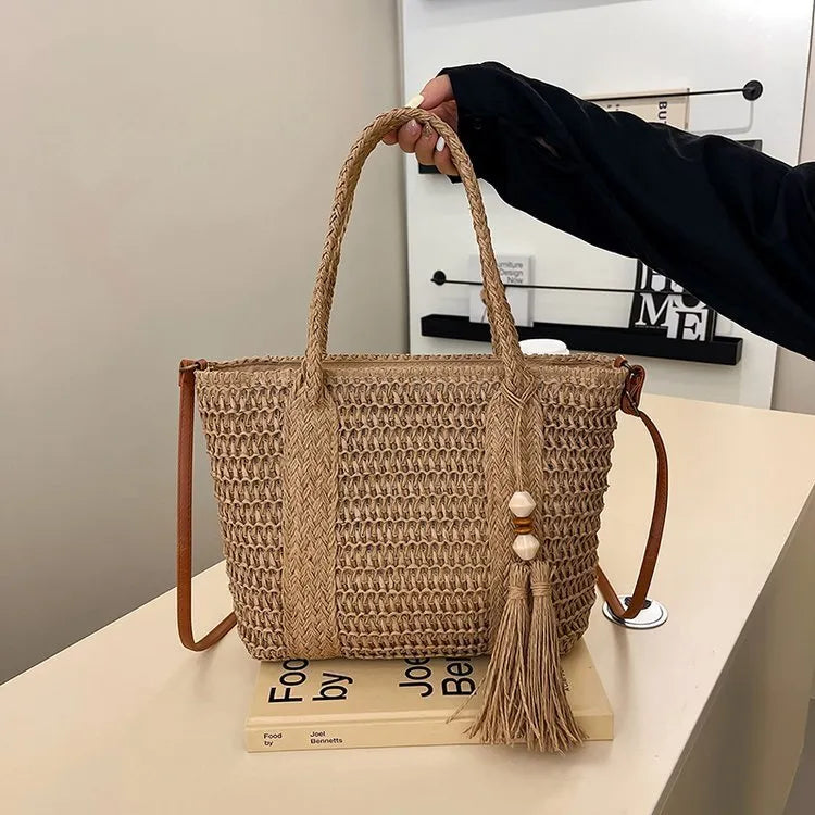 Women's woven straw crossbody shoulder bag in milky white with large capacity design