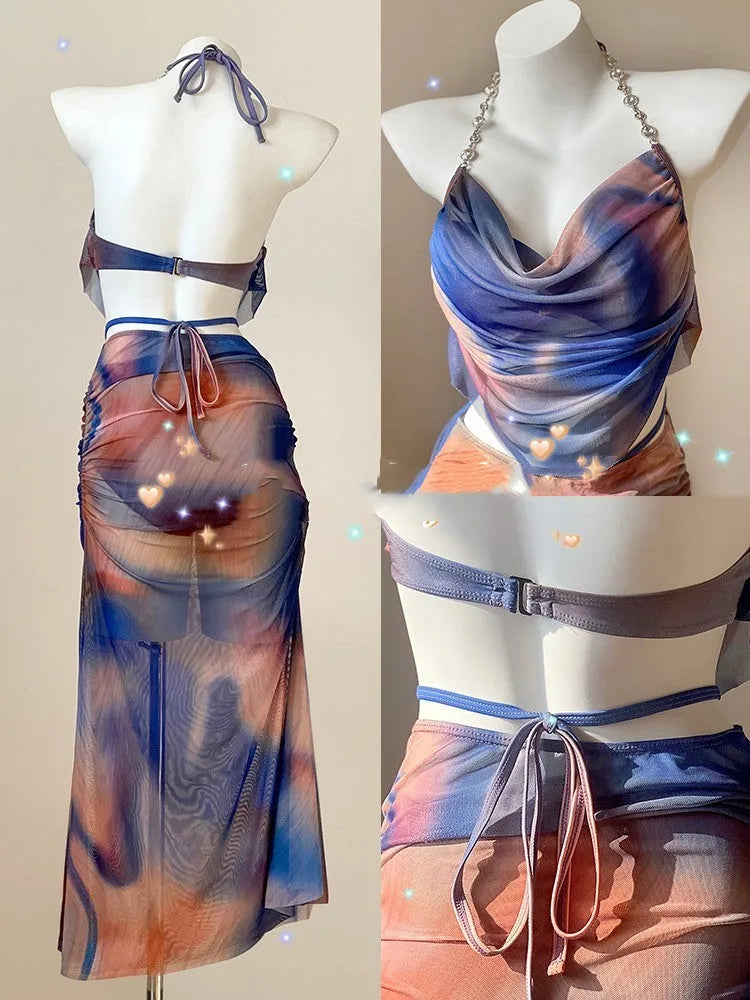Women's blue printed triangle bikini top and skirted bottom three-piece swimsuit set with steel wire support