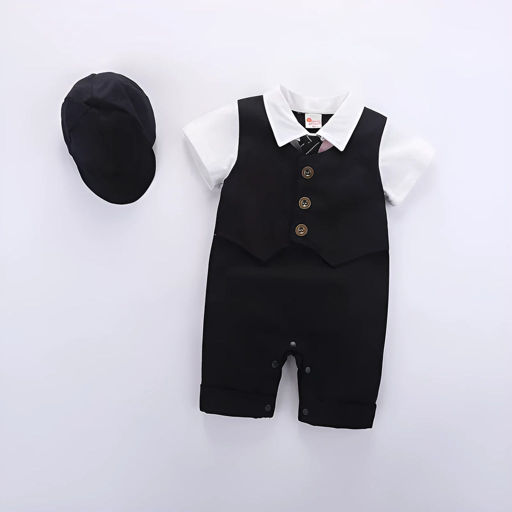Cotton baby jumpsuit romper in black with short sleeves and removable hood, front view