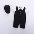 Cotton baby jumpsuit romper in black with short sleeves and removable hood, front view
