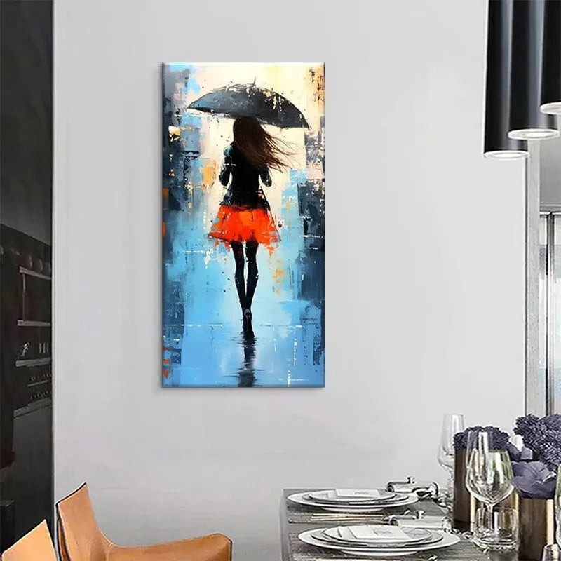 Hand painted modern abstract oil painting of people walking in the rain on canvas, vertical orientation, no frame, for living room decoration.