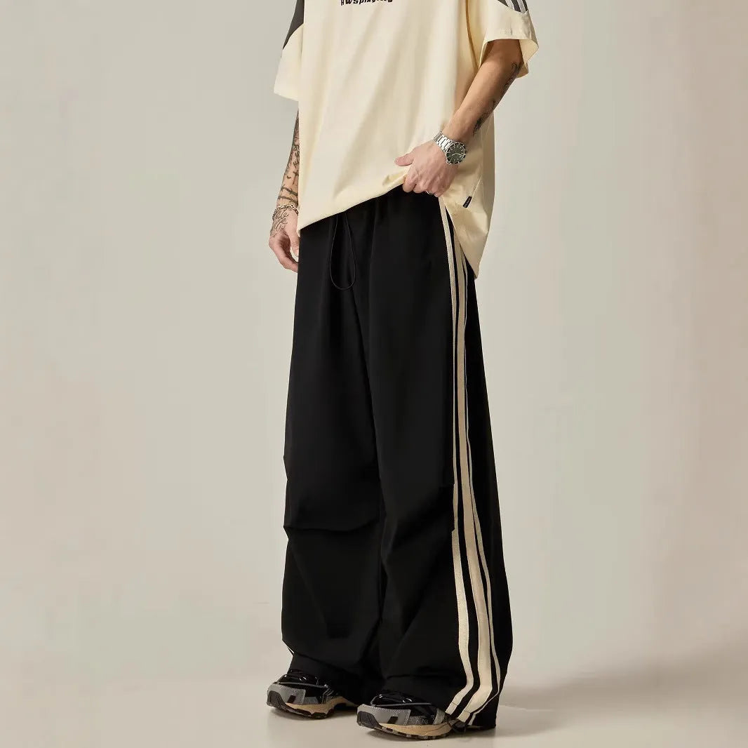 Black wide leg climbing trousers for men with straight-leg style and high waist design