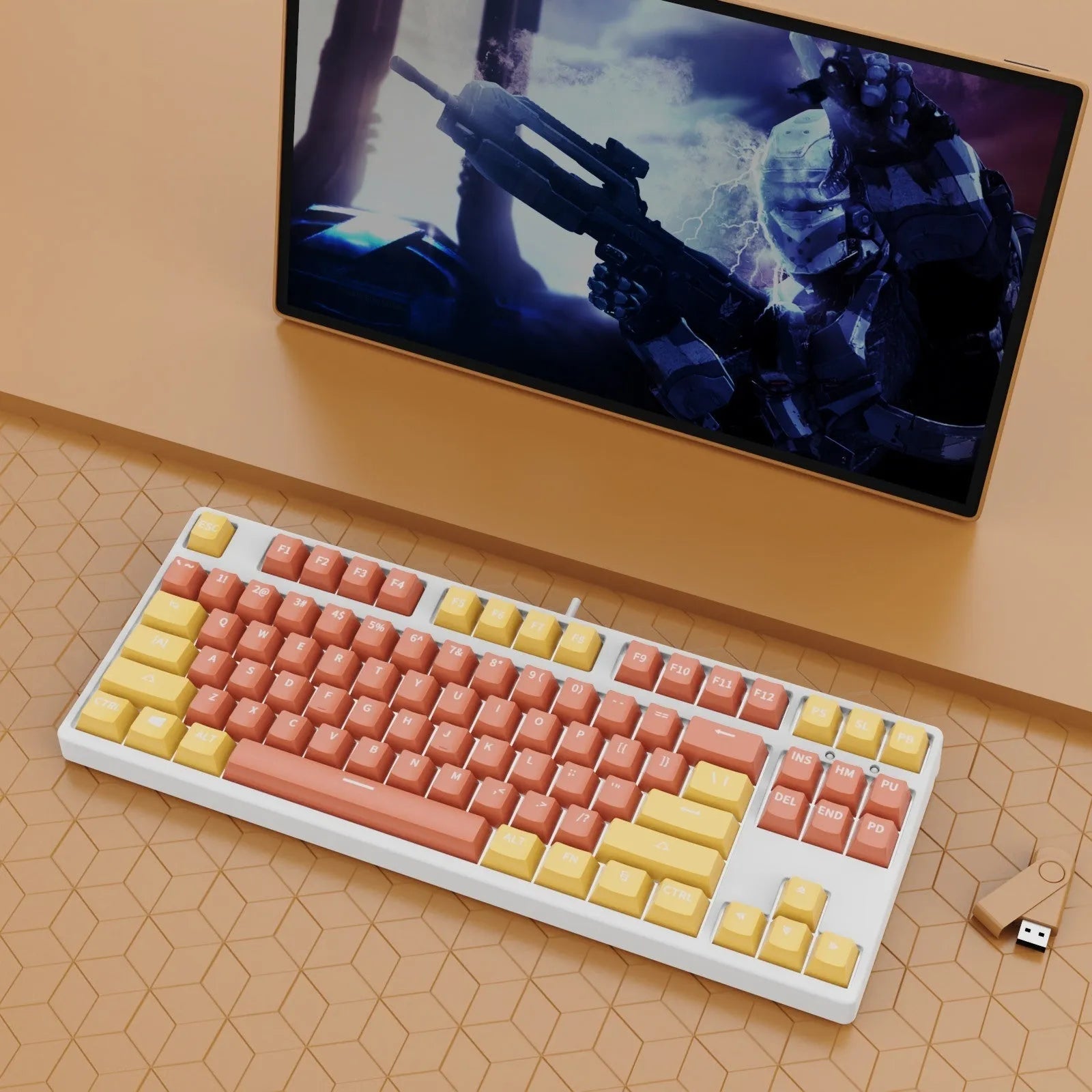 87-key wired mechanical gaming keyboard with hot-swappable switches in dual-colour keycap configuration