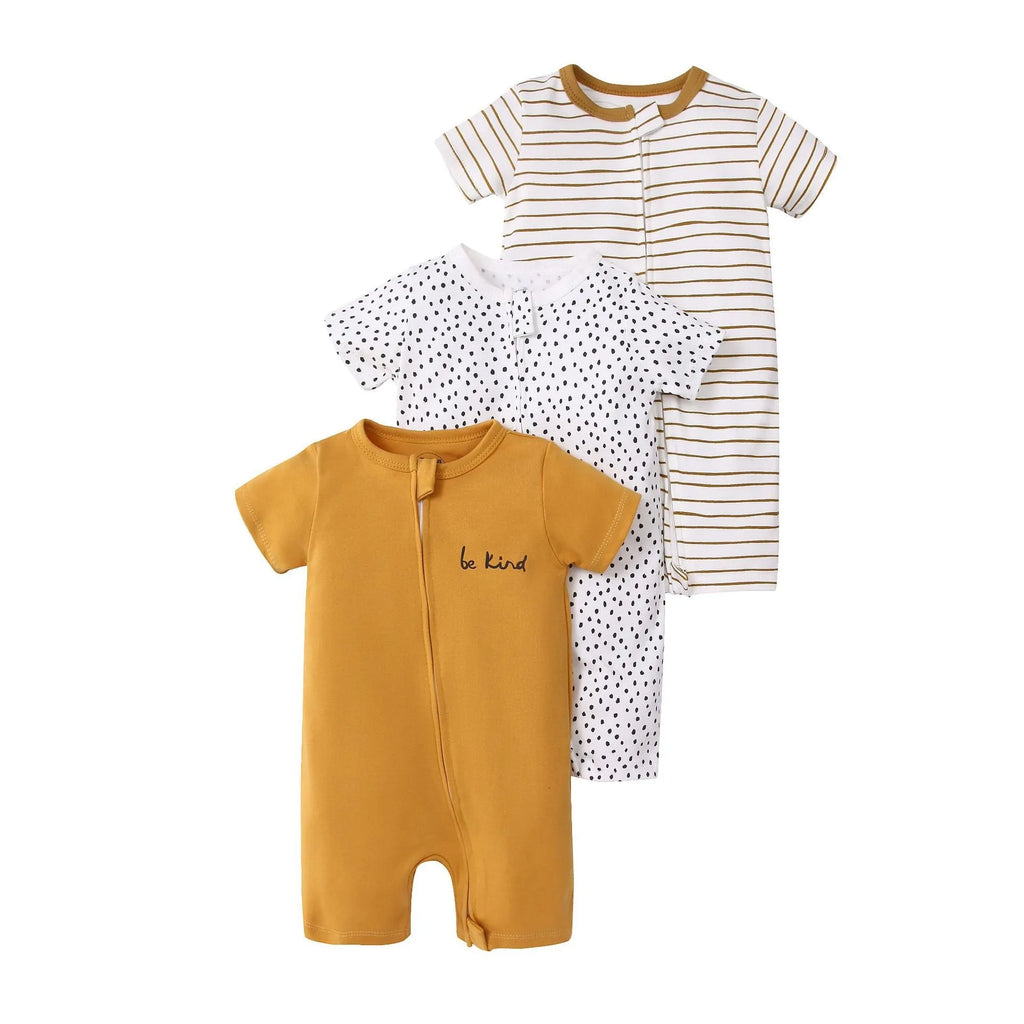 Three baby jumpsuits with short sleeves and double-headed zipper in cotton fabric, featuring animal and stripe patterns