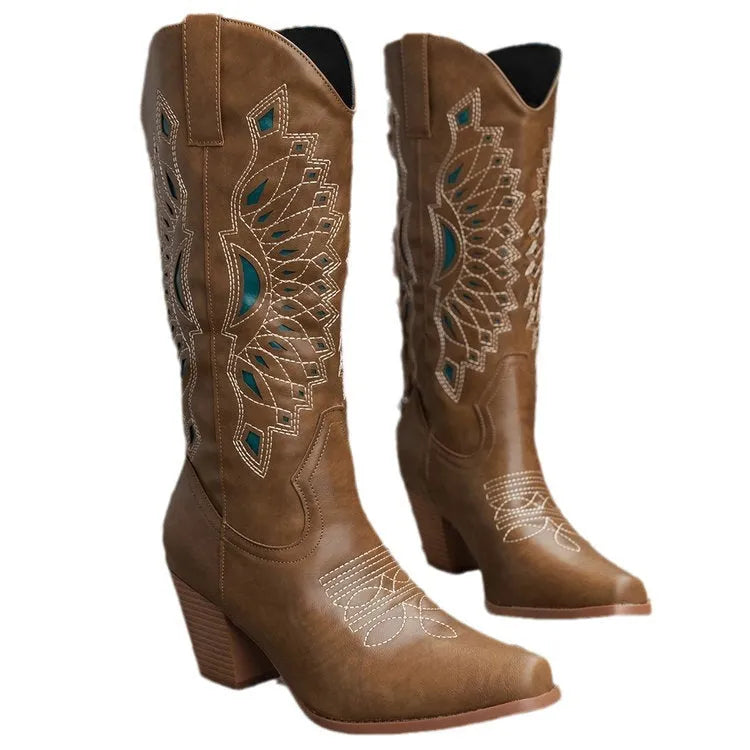 Embroidered square head knight boots for women in camel with mid heel and artificial PU upper