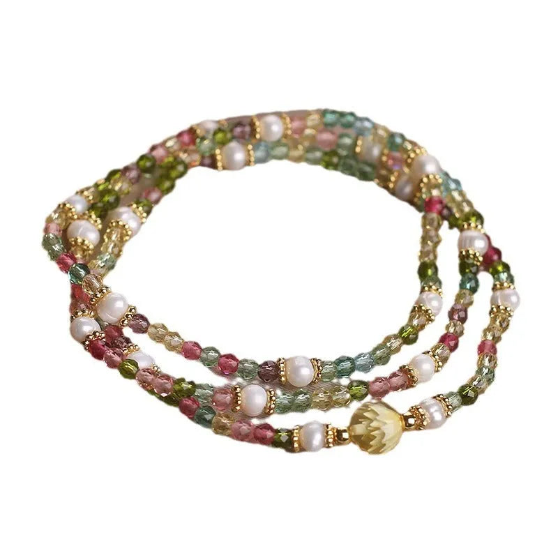 Natural grain of rice tourmaline multi-layer crystal bracelet with three circles of small beads for women