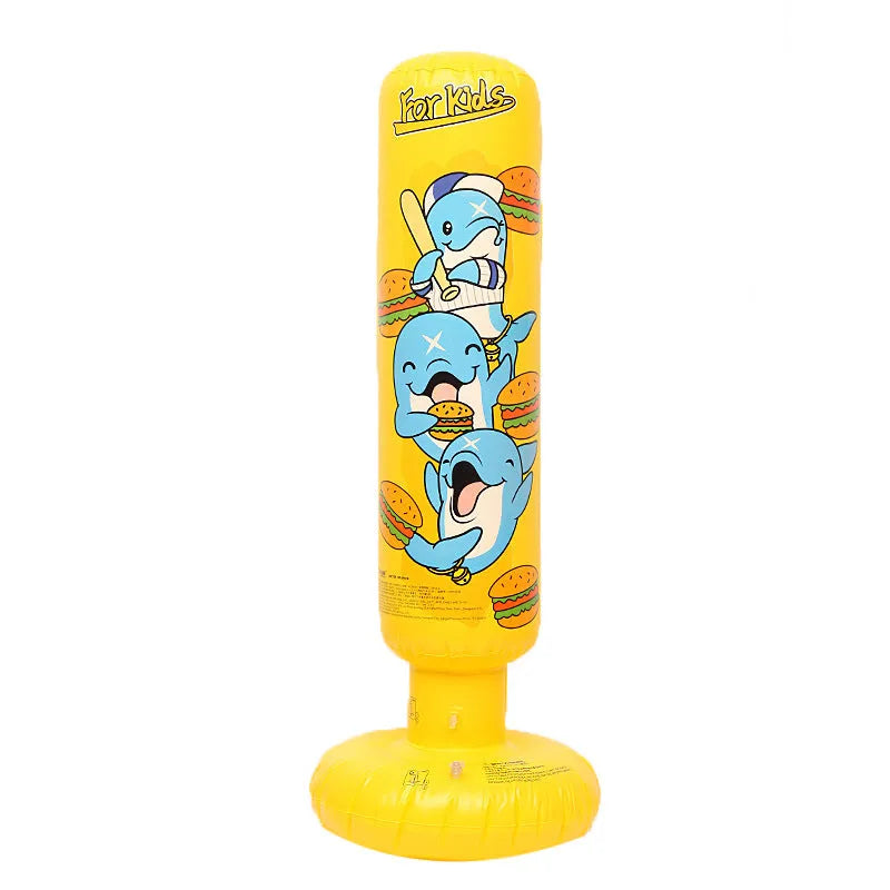 Tall yellow inflatable boxing column standing upright on a floor.