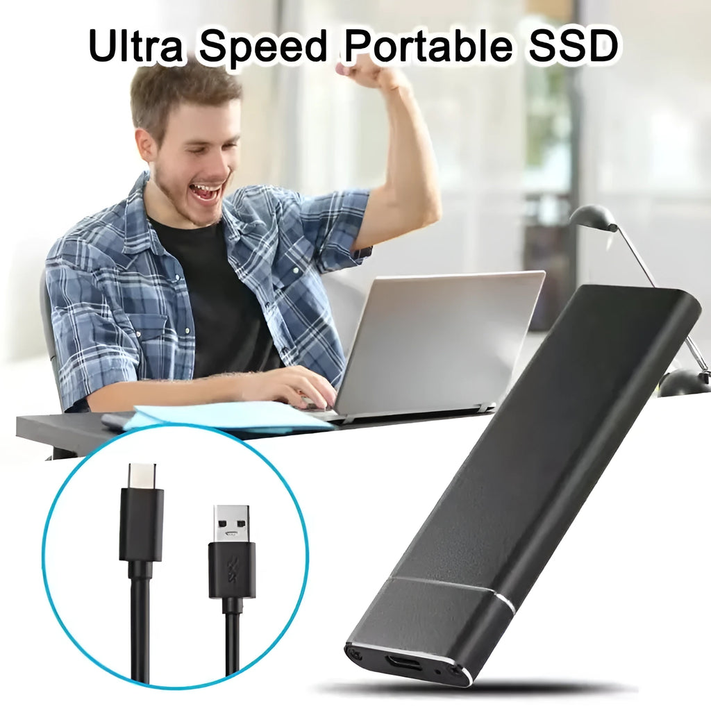 Ultra-thin metal shell SSD mobile hard disk in five colour options with USB data cable.
