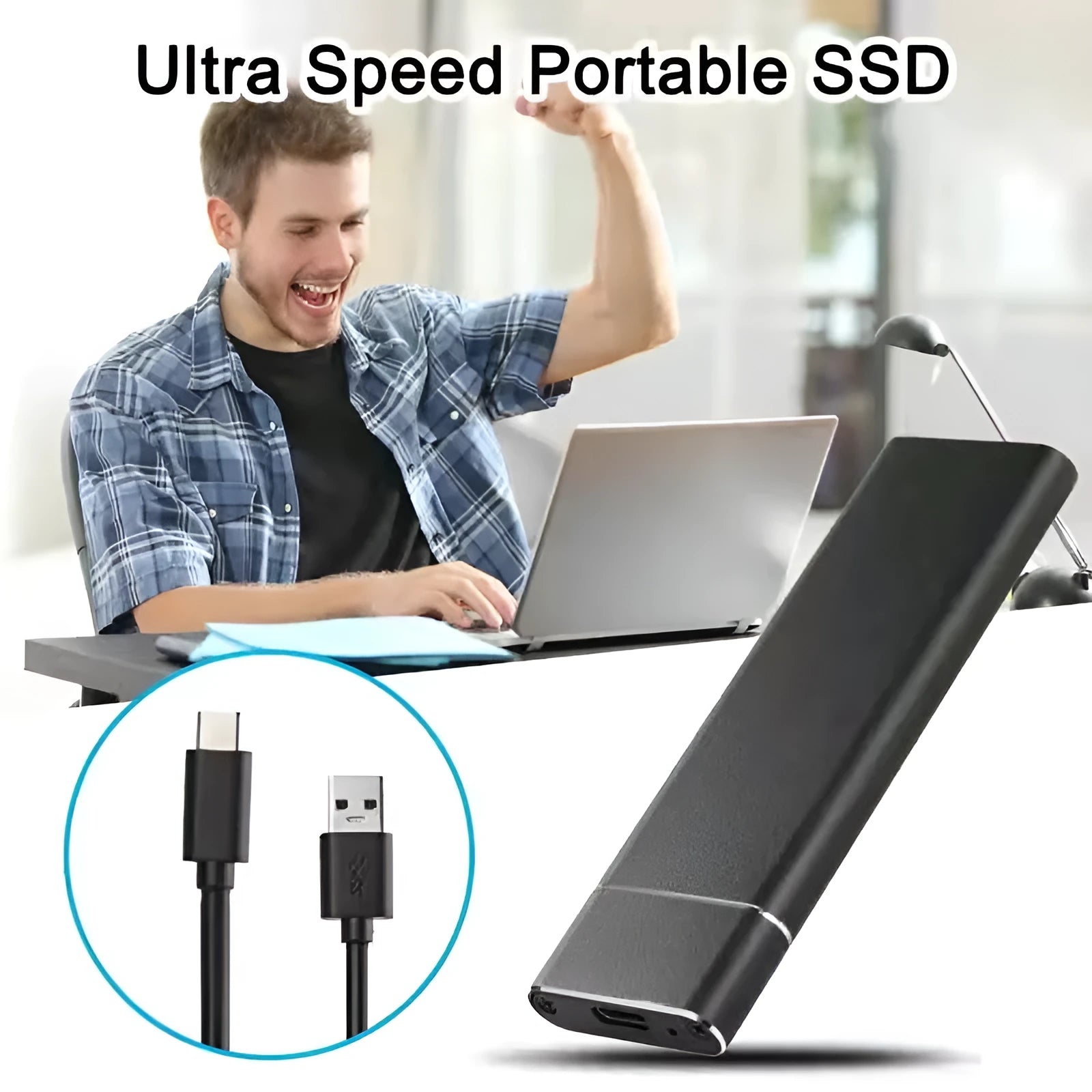 Ultra-thin metal shell SSD mobile hard disk in five colour options with USB data cable.