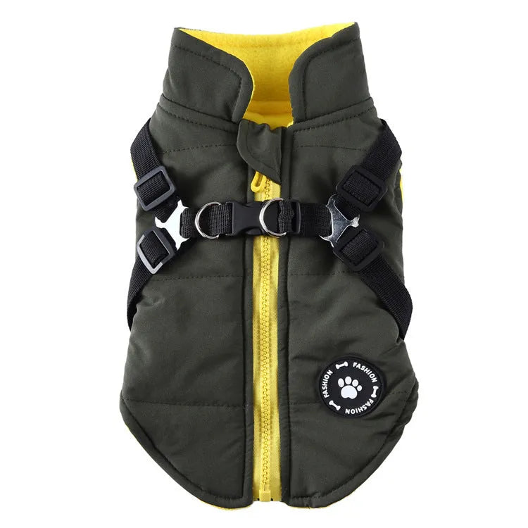 Polyester chest strap dog jacket with cotton padding in black, blue, green, or red