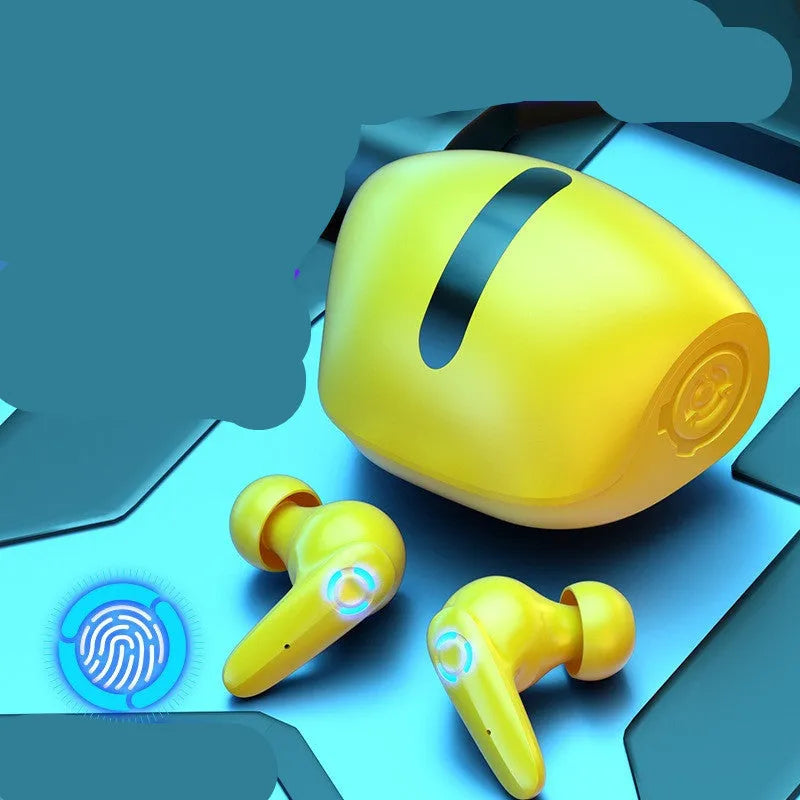 TWS wireless gaming headset in black, white, or yellow with USB charging cable