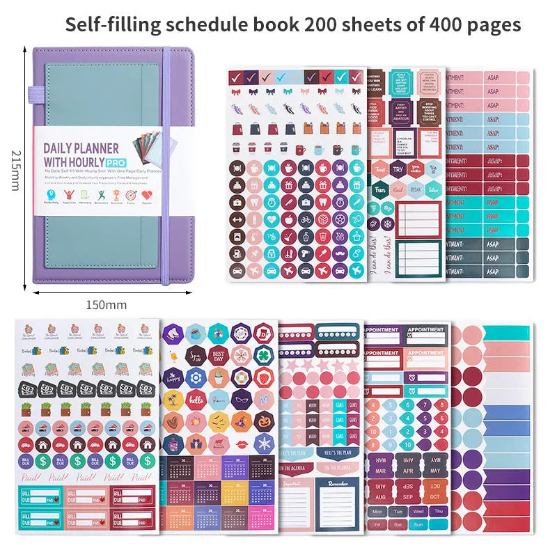 A5 notebook with PU leather cover in various colours, shown open to reveal blank pages and planning stickers.