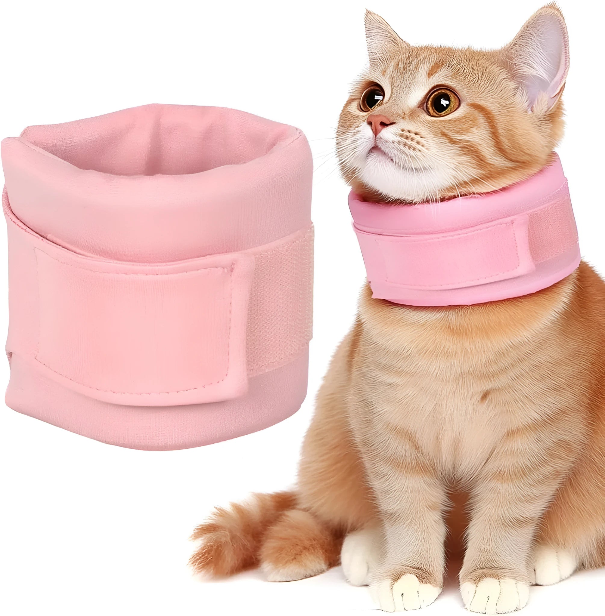 Soft grey cat cone collar neck brace for post-surgery recovery, shown next to a size chart.