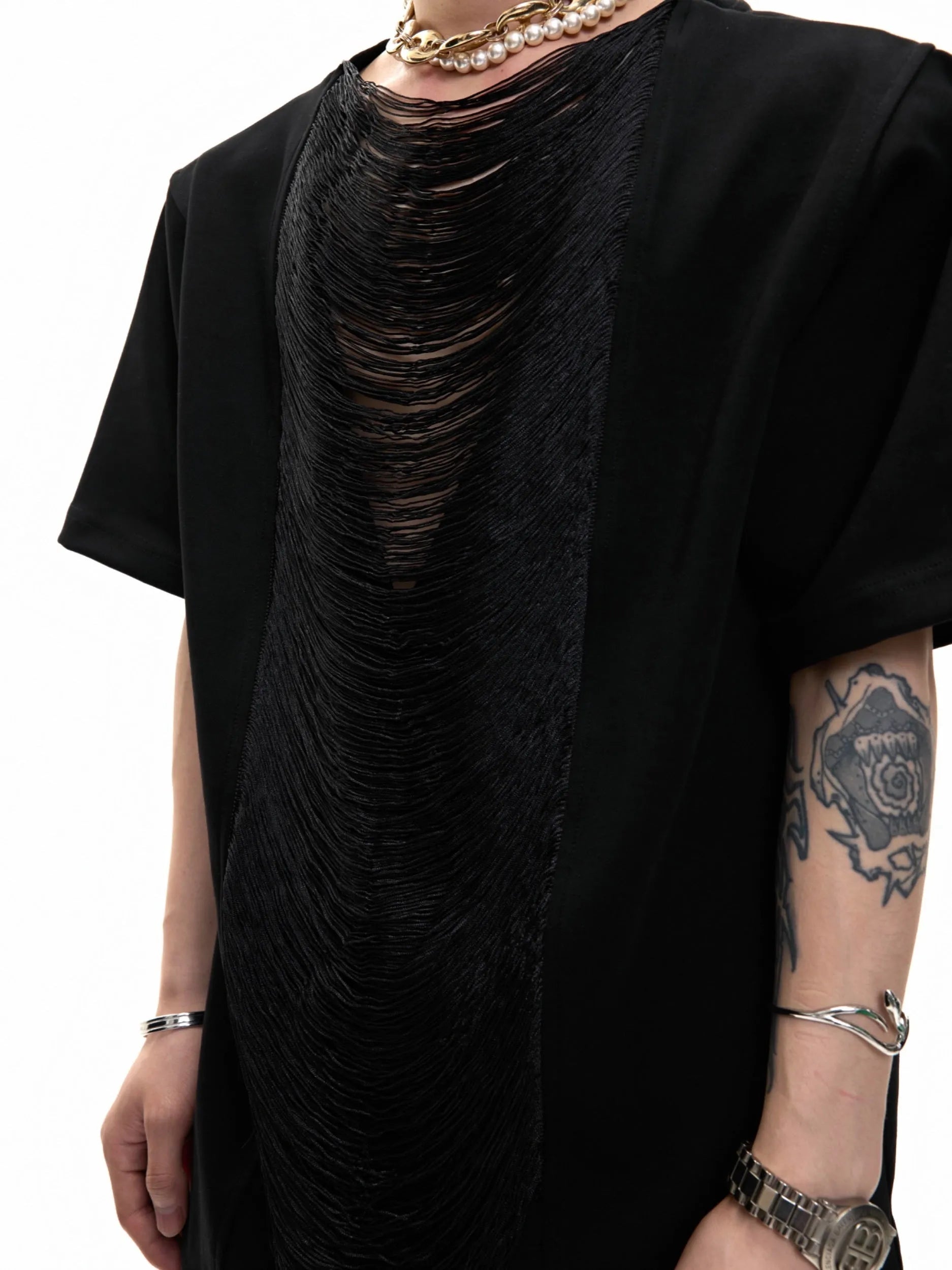Men's drum black loose fit polyester t-shirt with three-dimensional cutting and short sleeves