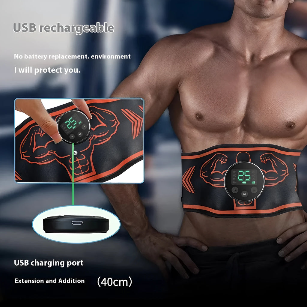 Smart EMS massage fitness belt set with blue host and electrodes on a grey background
