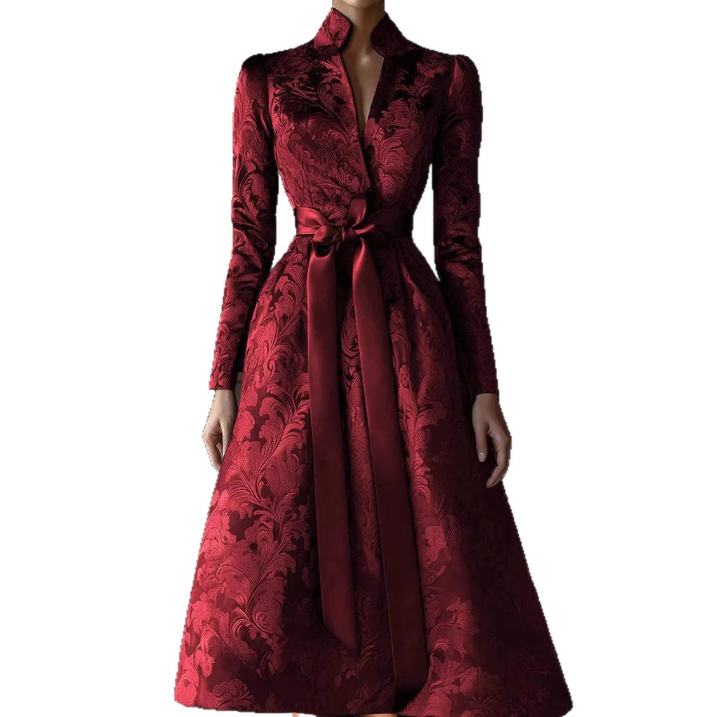 Solid colour long sleeve satin party dress with high waist and stand collar midi length