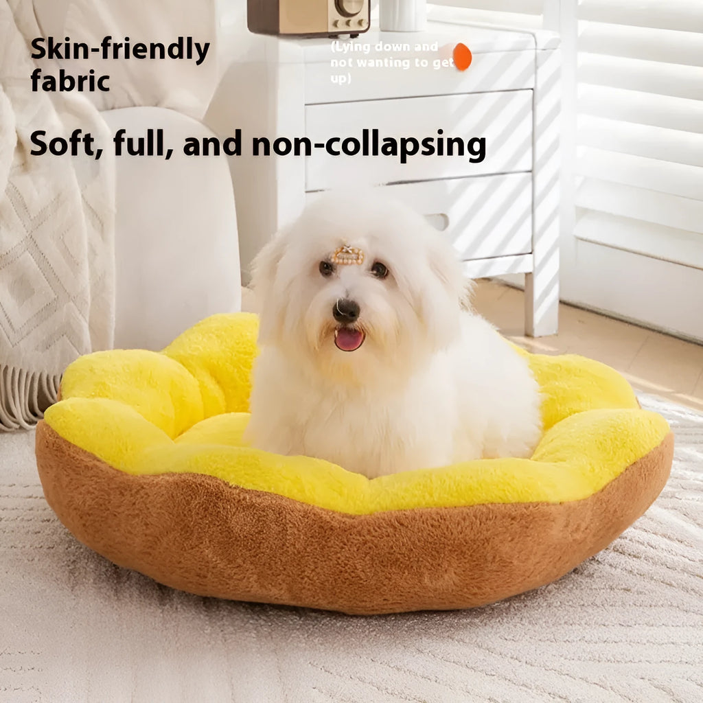 Round grey and black rabbit plush pet bed for cats with a thick, padded rim.