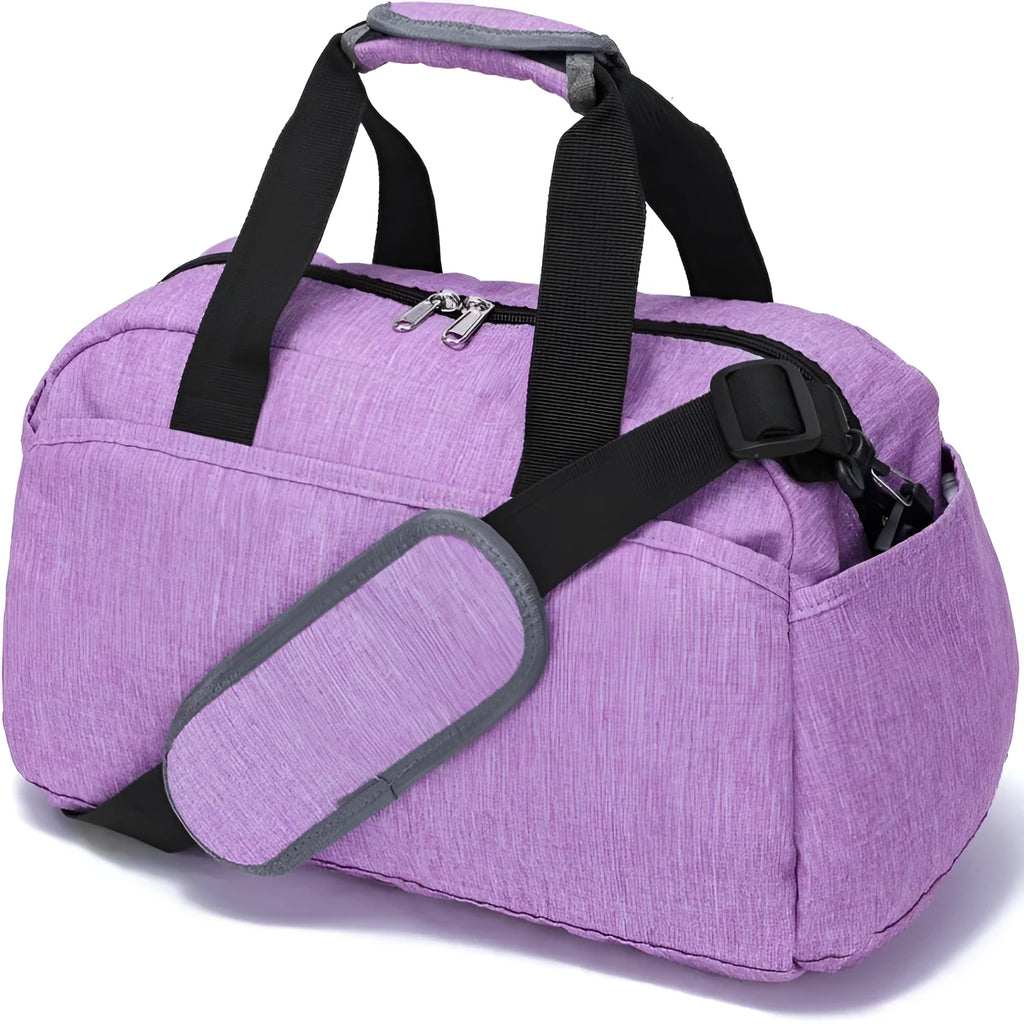 Small polyester portable luggage bag in grey with curved shoulder strap on white background