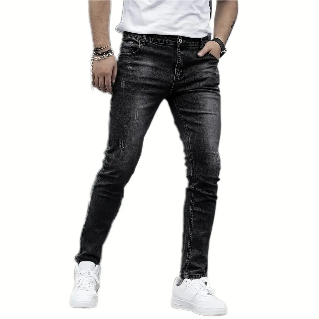 Men's straight leg stretch jeans in black, dark blue and grey solid colours with skinny fit