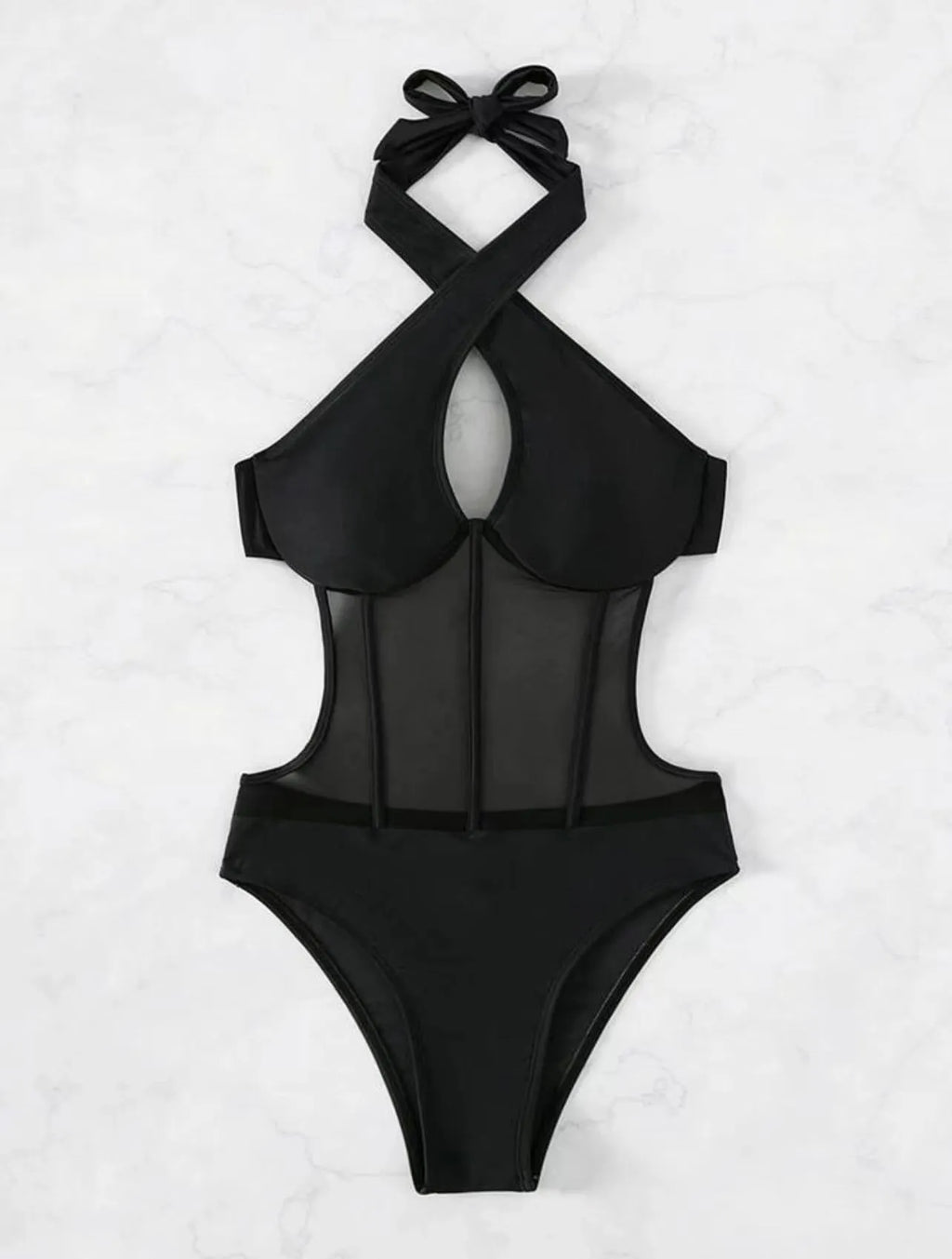 Women's black one-piece bikini swimsuit made from nylon and spandex fabric on a mannequin