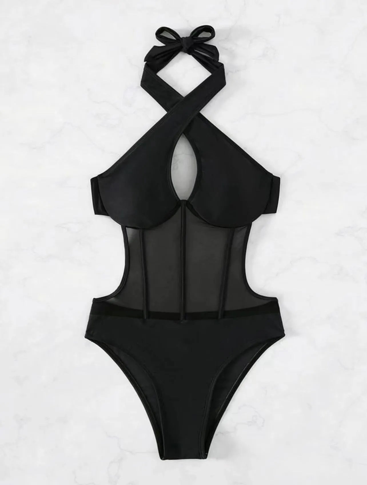 Women's black one-piece bikini swimsuit made from nylon and spandex fabric on a mannequin