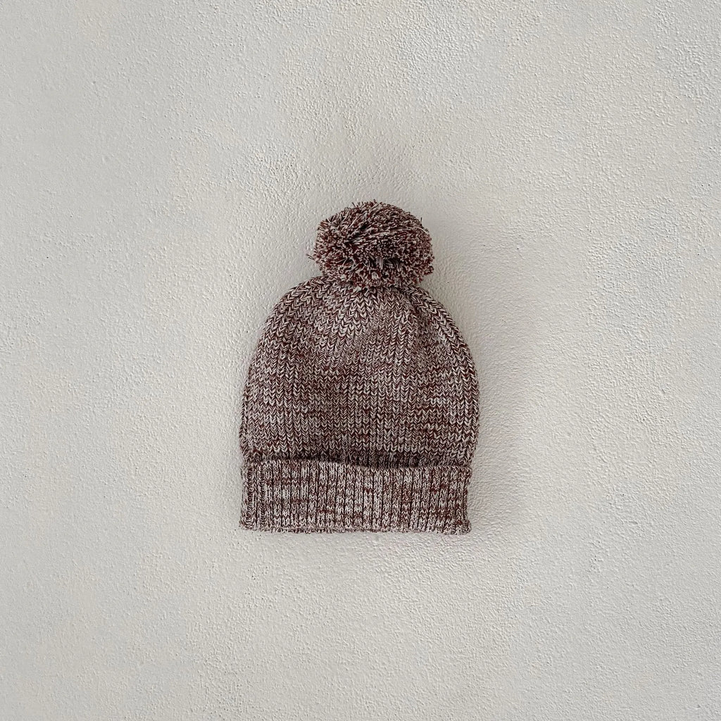 Infant girl dark brown knitted three-piece set with fur ball hat on hanger