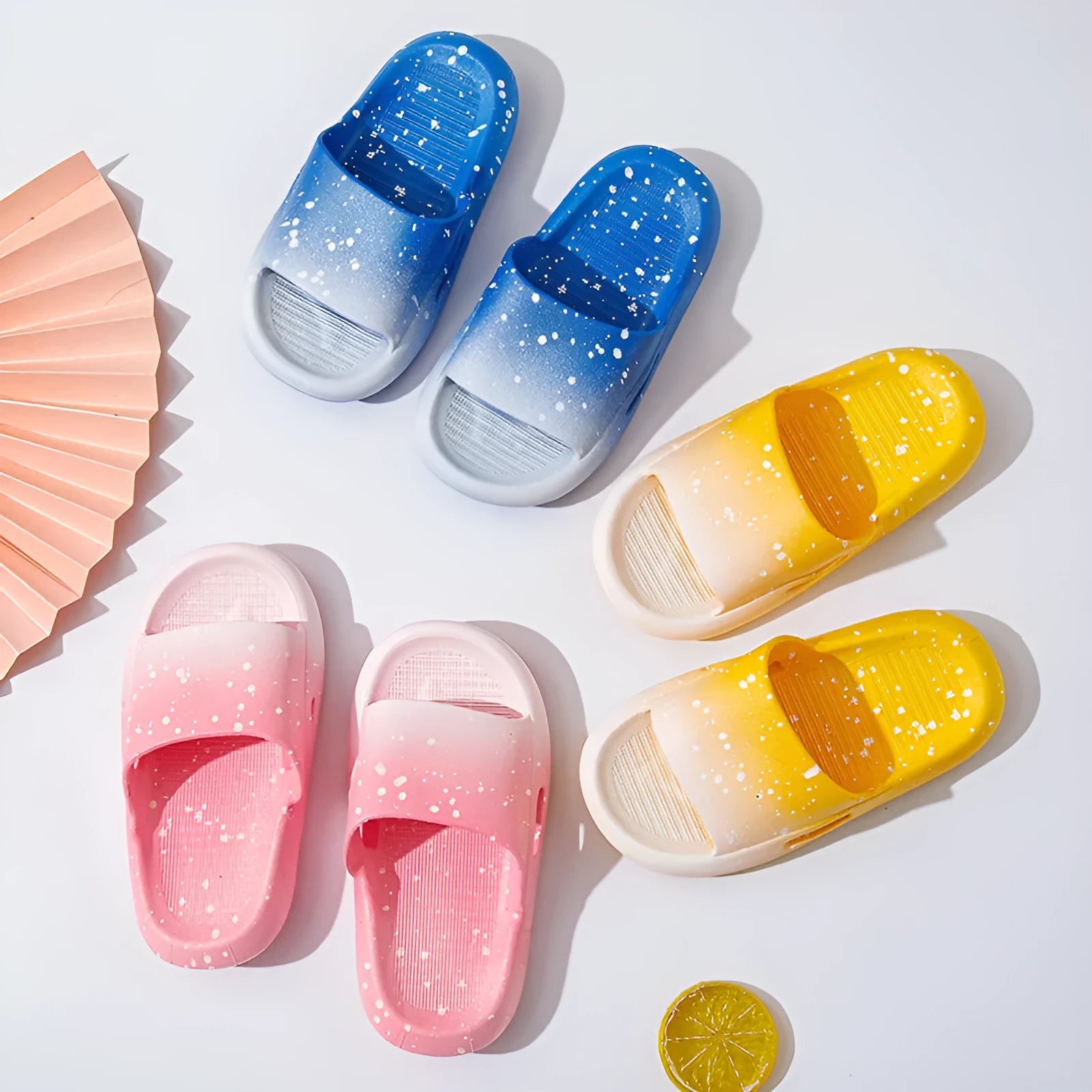 Children's gradient colour PVC slippers showing non-slip sole and European-American style design