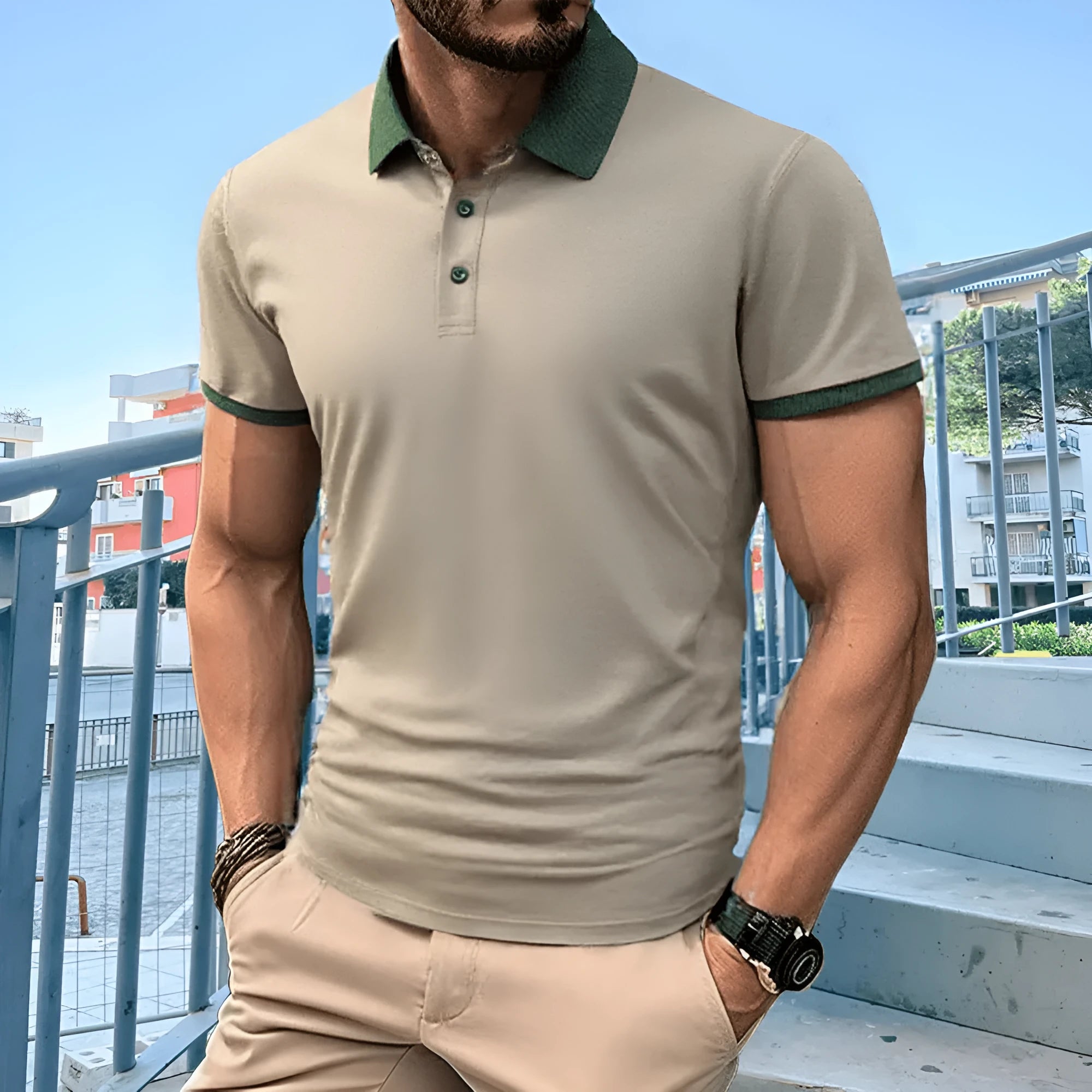A green ice silk polo shirt with short sleeves and a flocked design on the front, laid flat.