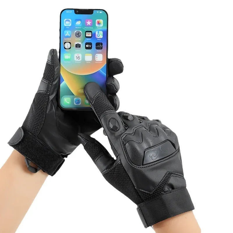 Men's black full finger tactical gloves with touch screen fingertips on a grey background.