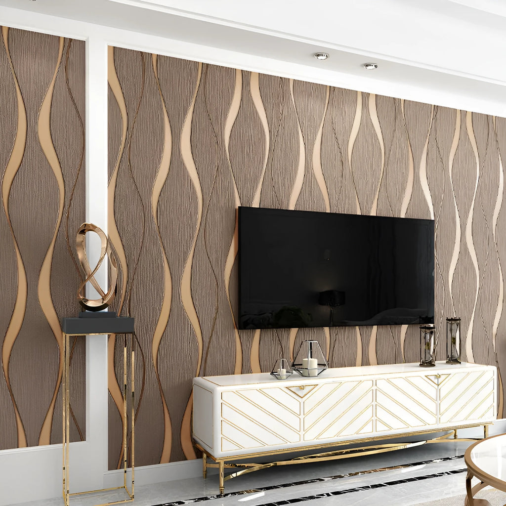 Close-up of dark brown 3D curve stripe textured wallpaper with deerskin velvet finish.