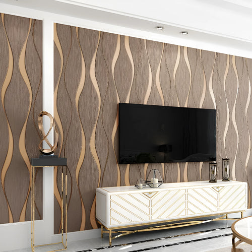 Close-up of dark brown 3D curve stripe textured wallpaper with deerskin velvet finish.