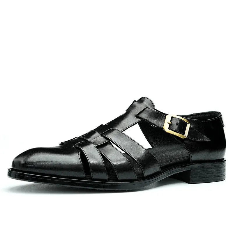 Men's black genuine leather sandals with pigskin lining and rubber sole