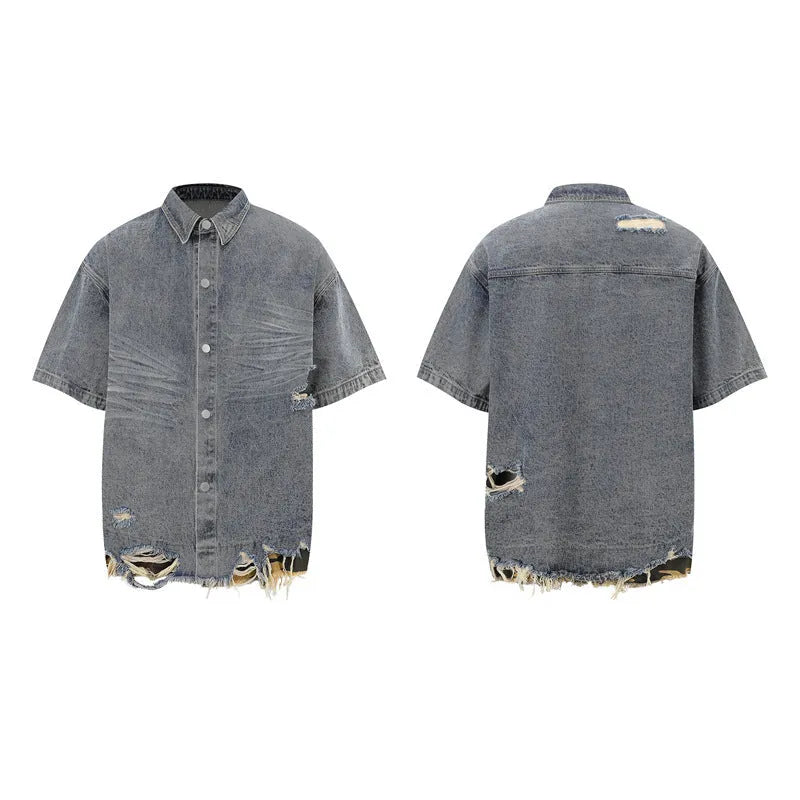 Black denim short sleeve suit with cut-edge stitching and leopard print, including top and shorts.