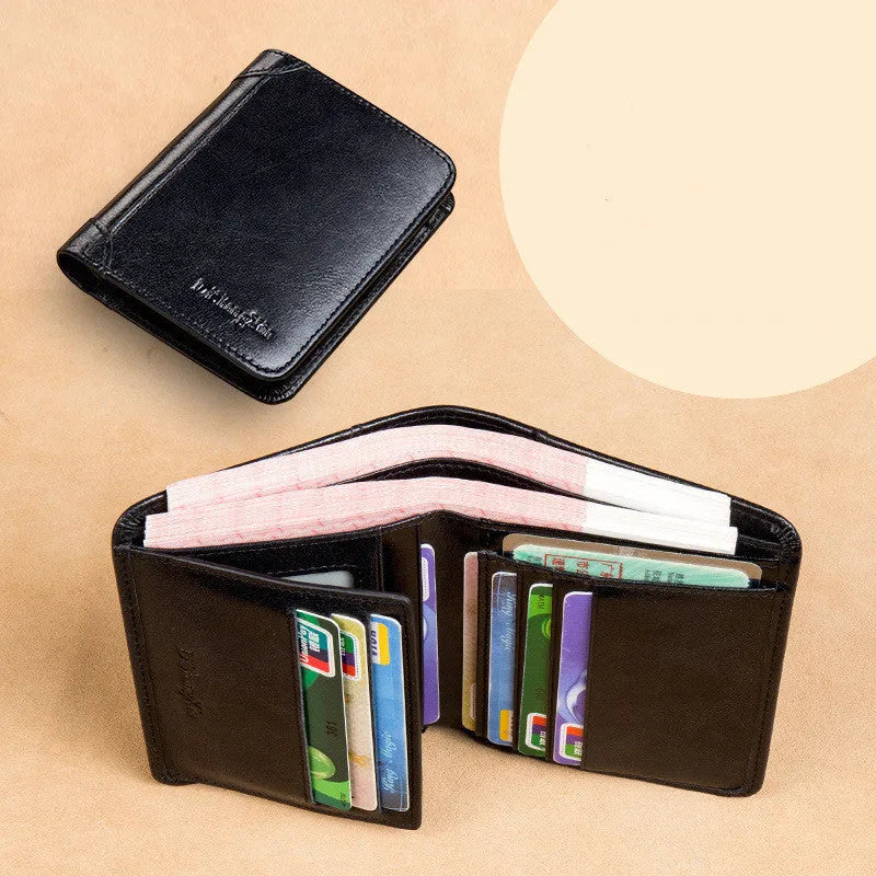 Men's black leather wallet open to show internal card slots, coin pocket, and banknote compartment.