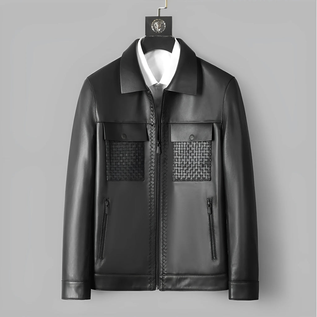 Genuine leather short lapels sheepskin jacket coat black men Korean-style front view