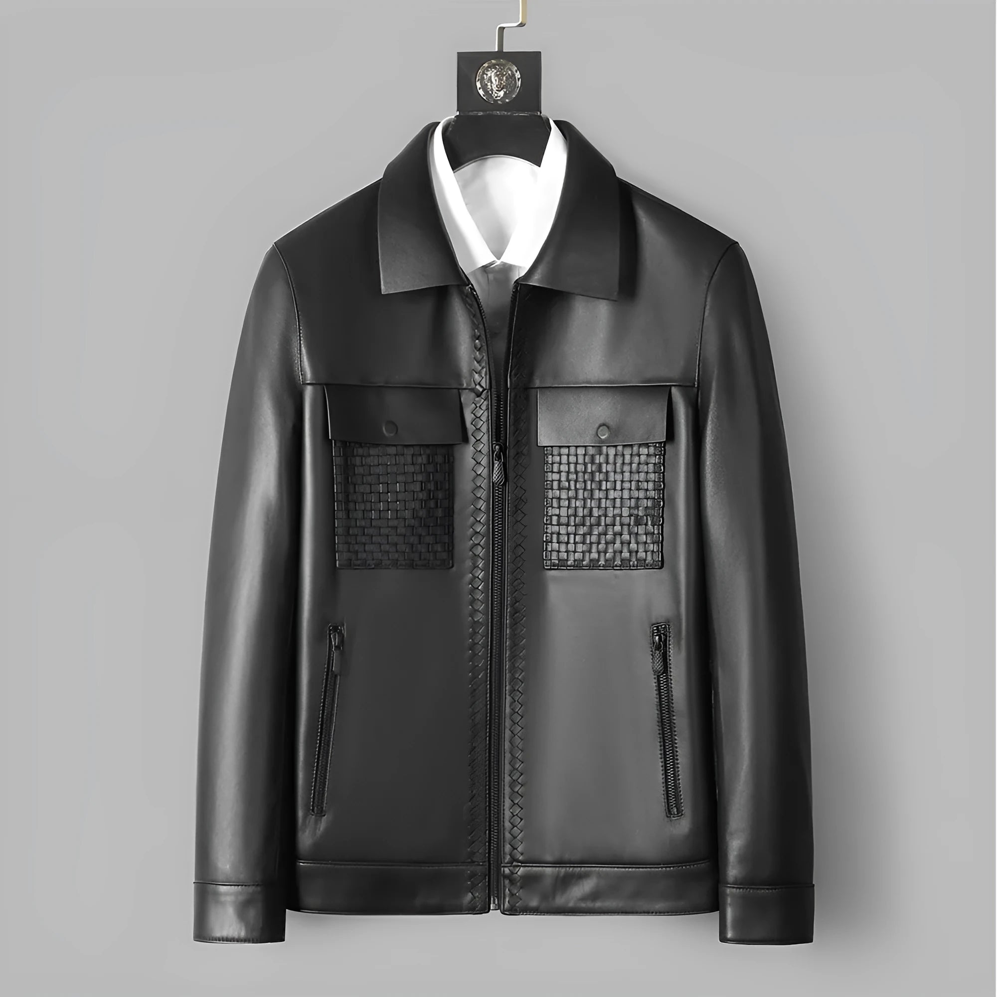 Genuine leather short lapels sheepskin jacket coat black men Korean-style front view