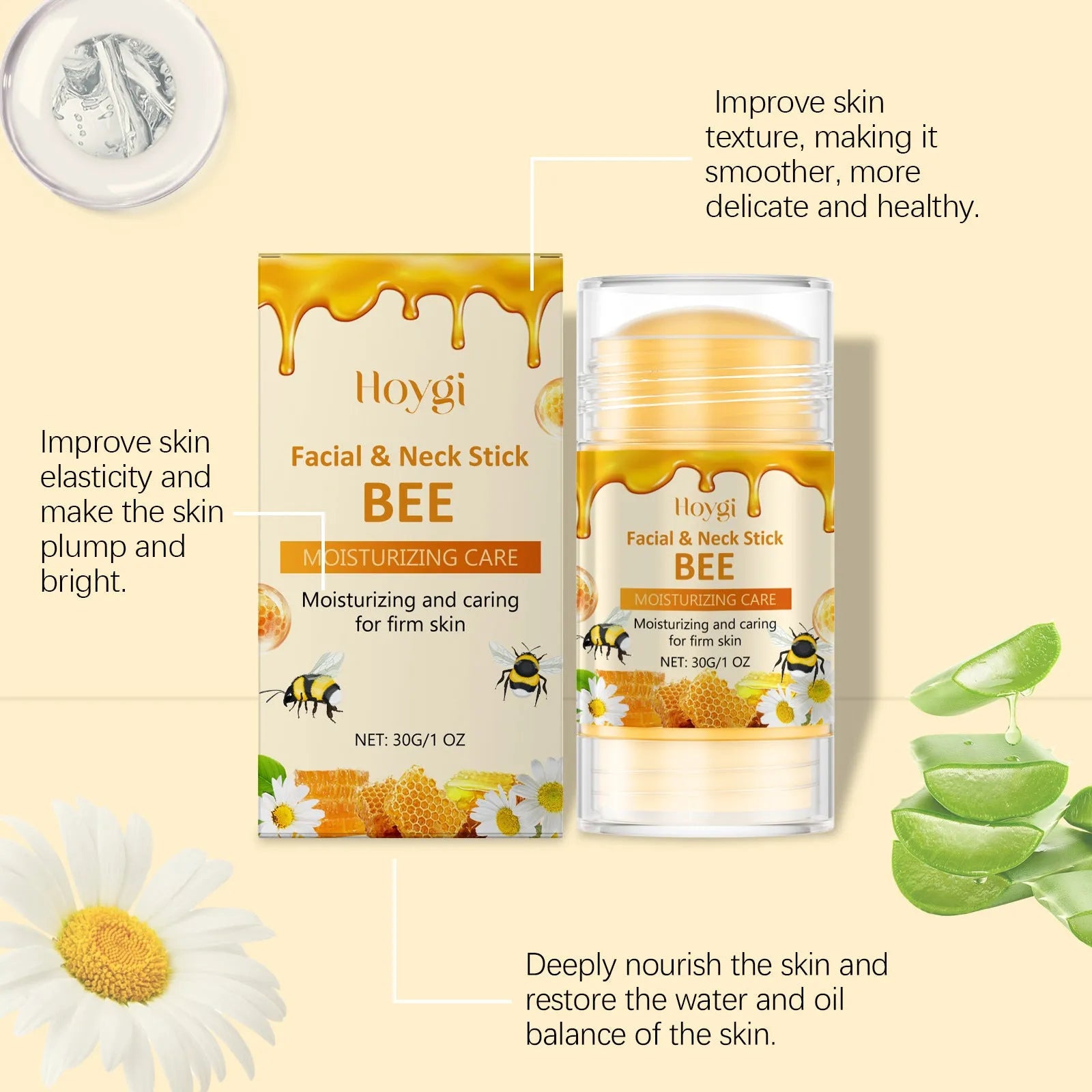 30g moisturising facial essence stick with twist-up applicator containing vitamin E and natural extracts