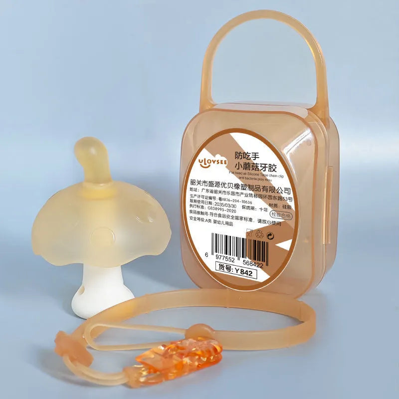 Small pink and nano-coloured mushroom-shaped latex gum with transparent box and chain.