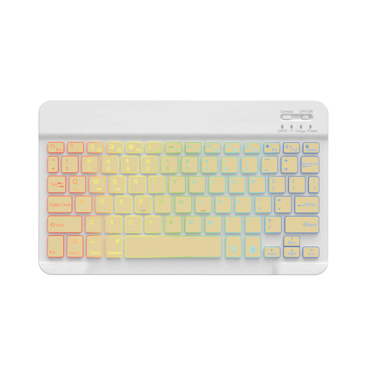 10-inch backlit Bluetooth keyboard for tablets showing colourful lighting with charging cable