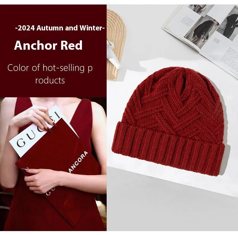 Wool knitted dome crown hat for women in one of six colours: ivory white, khaki, red, brown, grey, or black.