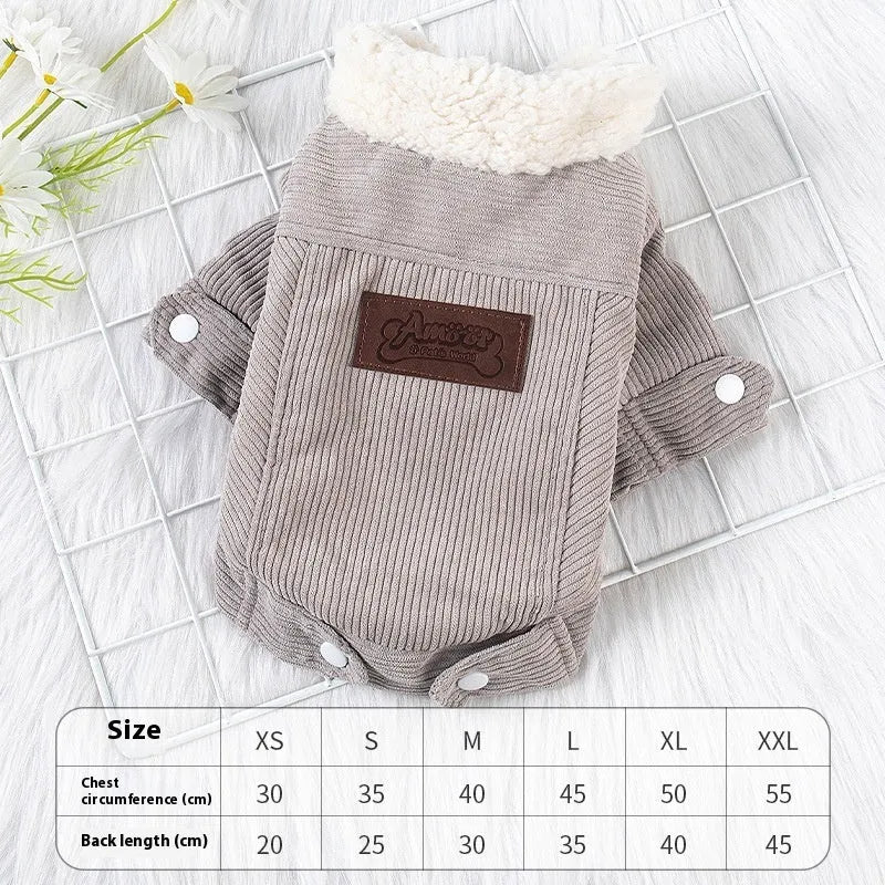 A grey lambswool vest for dogs with fleece lining, shown on a mannequin.