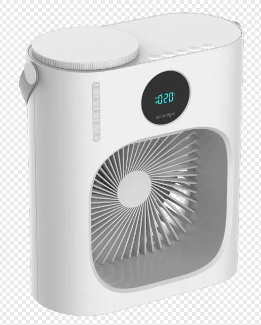 White USB refrigeration air conditioner fan with timing screen display, 276x229x148 mm
