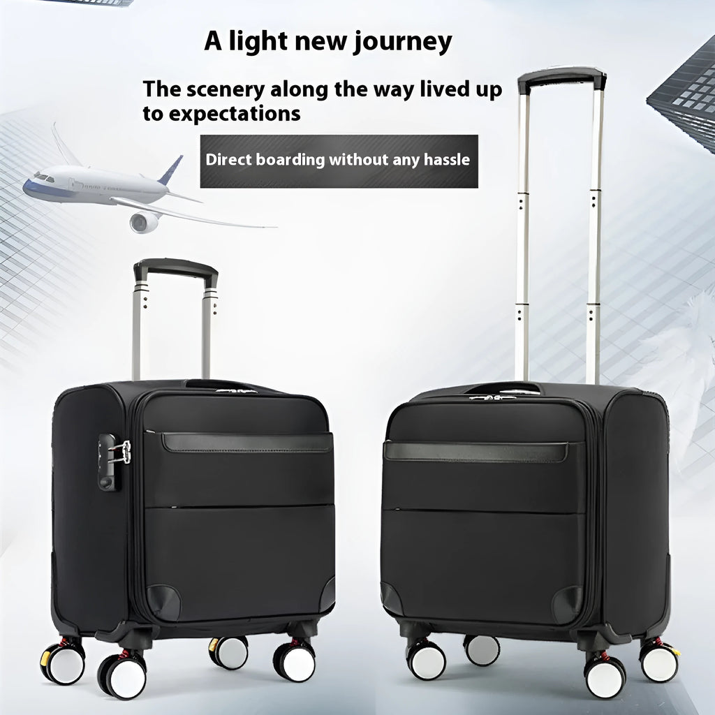 Black 18 inch Oxford cloth carry-on suitcase with retractable draw bar and universal wheels.